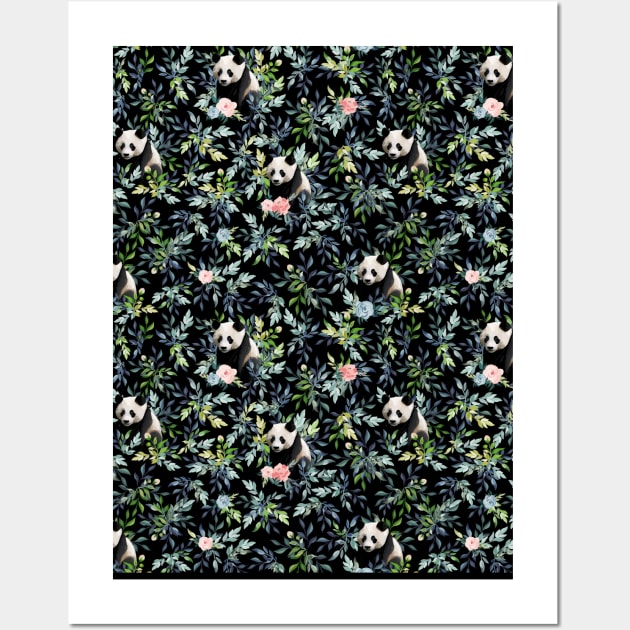 Floral Panda Pattern with Pink and Blue Roses Wall Art by 1000 Pandas